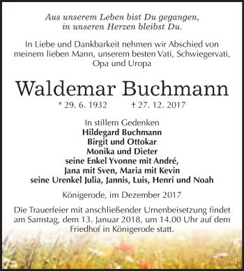 Traueranzeige von Waldemar Buchmann von WVG - Wochenspiegel Quedlinburg