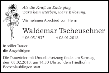 Traueranzeige von Waldemar Tscheuschner von Super Sonntag Bernburg