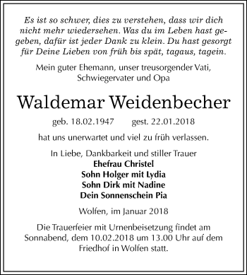 Traueranzeige von Waldemar Weidenbecher von Mitteldeutsche Zeitung Bitterfeld