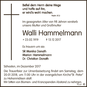 Traueranzeige von Walli Hammelmann von WVG - Wochenspiegel NMB / WSF / ZTZ