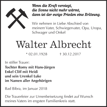 Traueranzeige von Walter Albrecht von WVG - Wochenspiegel NMB / WSF / ZTZ