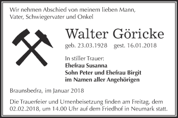 Traueranzeige von Walter Göricke von WVG - Wochenspiegel Merseburg