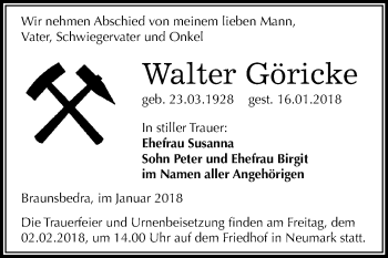 Traueranzeige von Walter Göricke von Mitteldeutsche Zeitung Merseburg/Querfurt