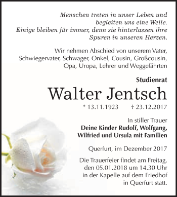 Traueranzeige von Walter Jentsch von WVG - Wochenspiegel Merseburg