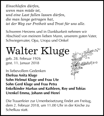 Traueranzeige von Walter Kluge von Mitteldeutsche Zeitung