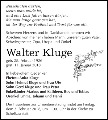 Traueranzeige von Walter Kluge von WVG - Wochenspiegel NMB / WSF / ZTZ