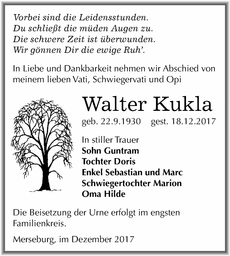 Traueranzeige für Walter Kukla vom 06.01.2018 aus WVG - Wochenspiegel Merseburg