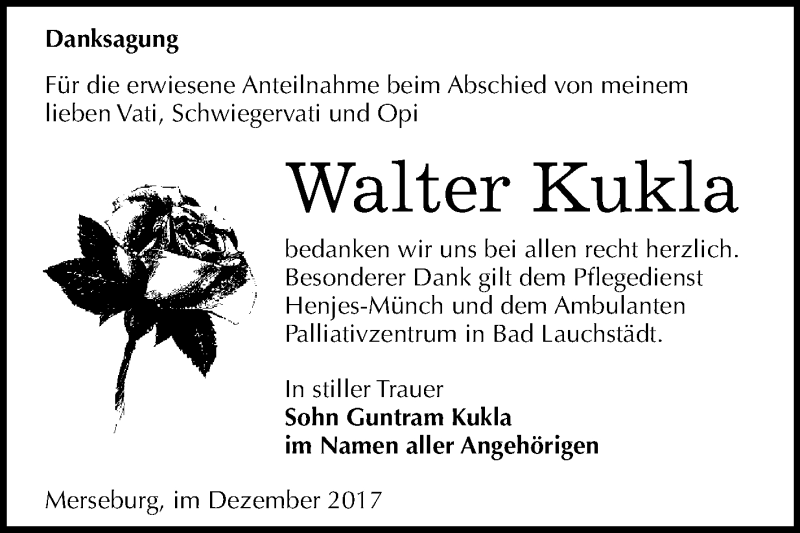  Traueranzeige für Walter Kukla vom 27.01.2018 aus WVG - Wochenspiegel Merseburg