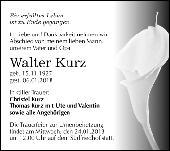 Traueranzeige von Walter Kurz von Mitteldeutsche Zeitung Merseburg/Querfurt