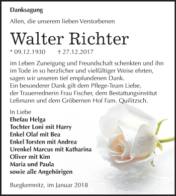 Traueranzeige von Walter Richter von Mitteldeutsche Zeitung Bitterfeld