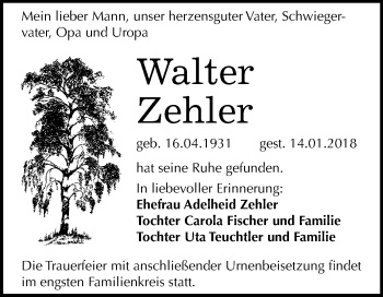 Traueranzeige von Walter Zehler von Mitteldeutsche Zeitung Merseburg/Querfurt