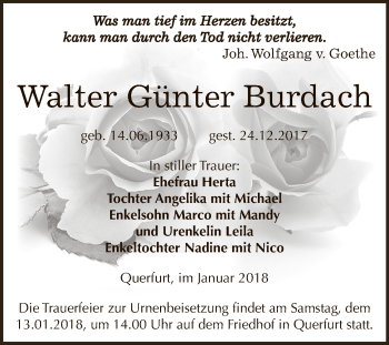 Traueranzeige von Walter Günter Burdach von WVG - Wochenspiegel NMB / WSF / ZTZ