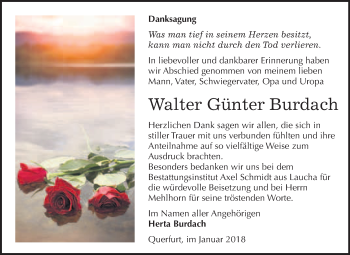Traueranzeige von Walter Günter Burdach von WVG - Wochenspiegel Merseburg