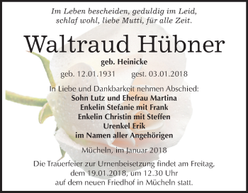 Traueranzeige von Waltraud Hübner von Mitteldeutsche Zeitung Merseburg/Querfurt