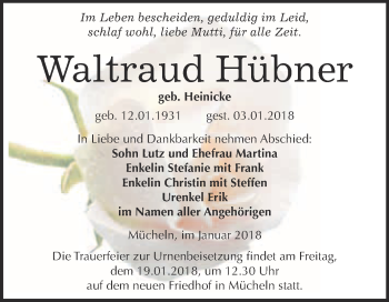 Traueranzeige von Waltraud Hübner von WVG - Wochenspiegel Merseburg