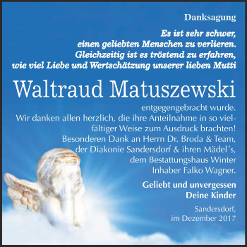 Traueranzeige von Waltraud Matuszewski von WVG - Wochenspiegel Bitterfeld