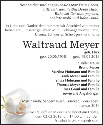 Traueranzeige von Waltraud Meyer von Mitteldeutsche Zeitung Sangerhausen