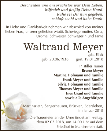 Traueranzeige von Waltraud Meyer von Super Sonntag SGH Mansf. Land