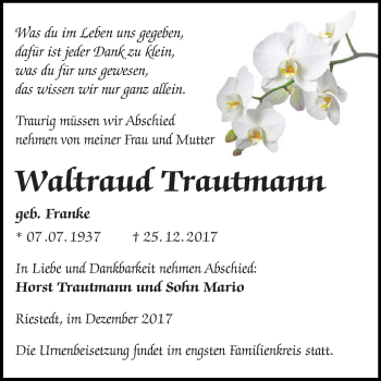 Traueranzeige von Waltraud Trautmann von WVG - Wochenspiegel SGH