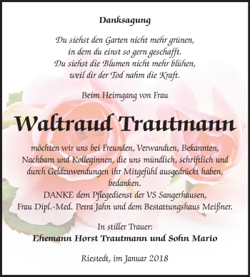 Traueranzeige von Waltraud Trautmann von Mitteldeutsche Zeitung Sangerhausen