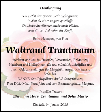 Traueranzeige von Waltraud Trautmann von Super Sonntag SGH Mansf. Land