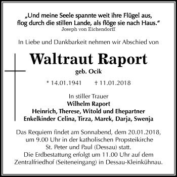 Traueranzeige von Waltraut Raport von Mitteldeutsche Zeitung Dessau-Roßlau