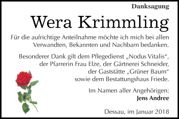 Traueranzeige von Wera Krimmling von WVG - Wochenspiegel Dessau / Köthen
