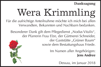 Traueranzeige von Wera Krimmling von Mitteldeutsche Zeitung Dessau-Roßlau