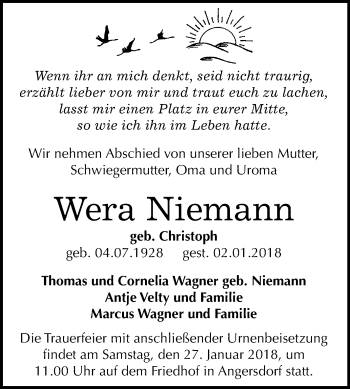 Traueranzeige von Wera Niemann von Mitteldeutsche Zeitung Halle/Saalkreis