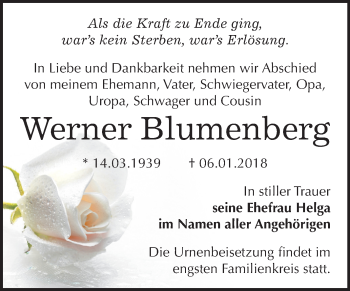 Traueranzeige von Werner Blumenberg von Mitteldeutsche Zeitung