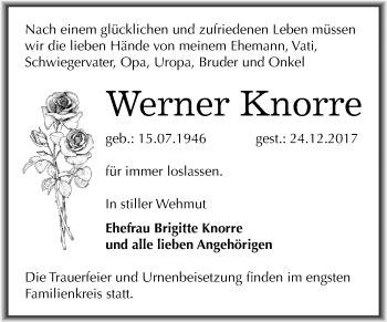 Traueranzeige von Werner Knorre von Mitteldeutsche Zeitung Dessau-Roßlau