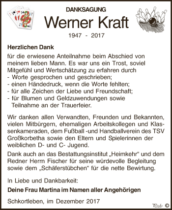 Traueranzeige von Werner Kraft von WVG - Wochenspiegel NMB / WSF / ZTZ