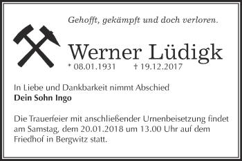 Traueranzeige von Werner Lüdigk von WVG - Wochenspiegel Wittenberg