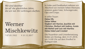 Traueranzeige von Werner Mischkewitz von Mitteldeutsche Zeitung Köthen