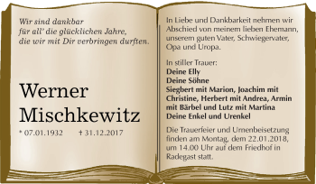 Traueranzeige von Werner Mischkewitz von WVG - Wochenspiegel Dessau / Köthen