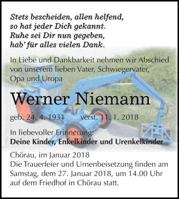 Traueranzeige von Werner Niemann von WVG - Wochenspiegel Dessau / Köthen
