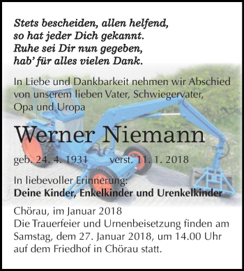 Traueranzeige von Werner Niemann von Mitteldeutsche Zeitung Köthen