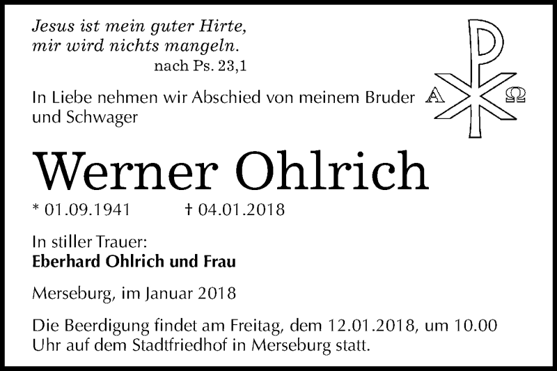  Traueranzeige für Werner Ohlrich vom 10.01.2018 aus Mitteldeutsche Zeitung Merseburg/Querfurt