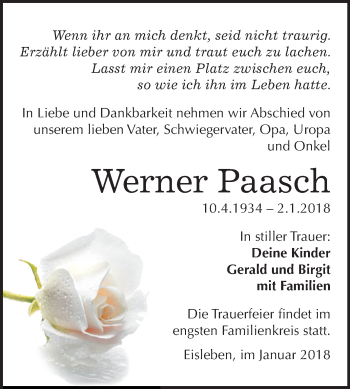Traueranzeige von Werner Paasch von Mitteldeutsche Zeitung