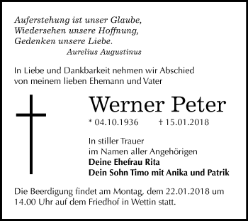 Traueranzeige von Werner Peter von Mitteldeutsche Zeitung Halle/Saalkreis
