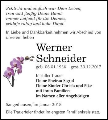 Traueranzeige von Werner Schneider von Super Sonntag SGH Mansf. Land