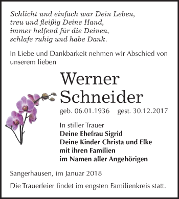 Traueranzeige von Werner Schneider von Mitteldeutsche Zeitung Sangerhausen
