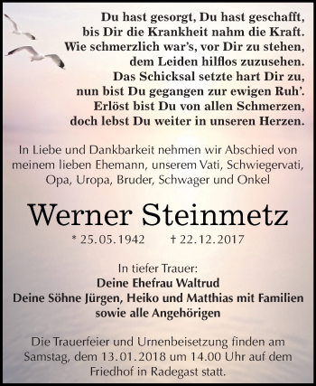 Traueranzeige von Werner Steinmetz von WVG - Wochenspiegel Dessau / Köthen
