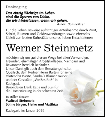Traueranzeige von Werner Steinmetz von WVG - Wochenspiegel Dessau / Köthen