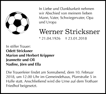 Traueranzeige von Werner Stricksner von Mitteldeutsche Zeitung Halle/Saalkreis