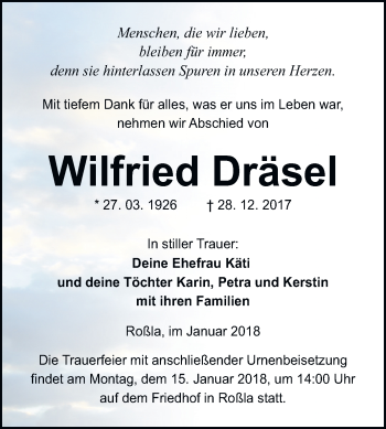 Traueranzeige von Wilfried Dräsel von Mitteldeutsche Zeitung Sangerhausen