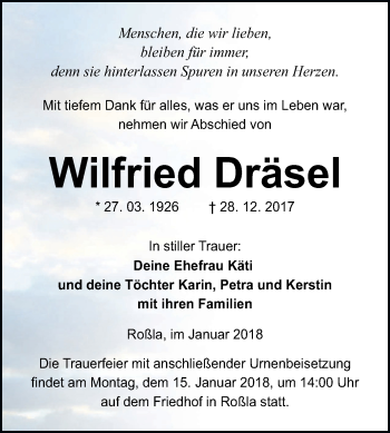 Traueranzeige von Wilfried Dräsel von WVG - Wochenspiegel SGH