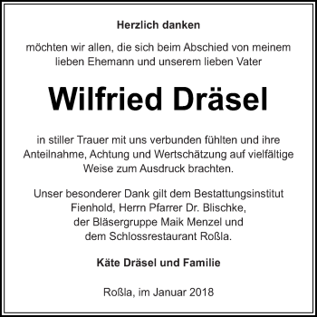 Traueranzeige von Wilfried Dräsel von Super Sonntag SGH Mansf. Land