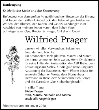 Traueranzeige von Wilfried Prager von Mitteldeutsche Zeitung Quedlinburg