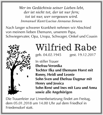 Traueranzeige von Wilfried Rabe von WVG - Wochenspiegel Merseburg